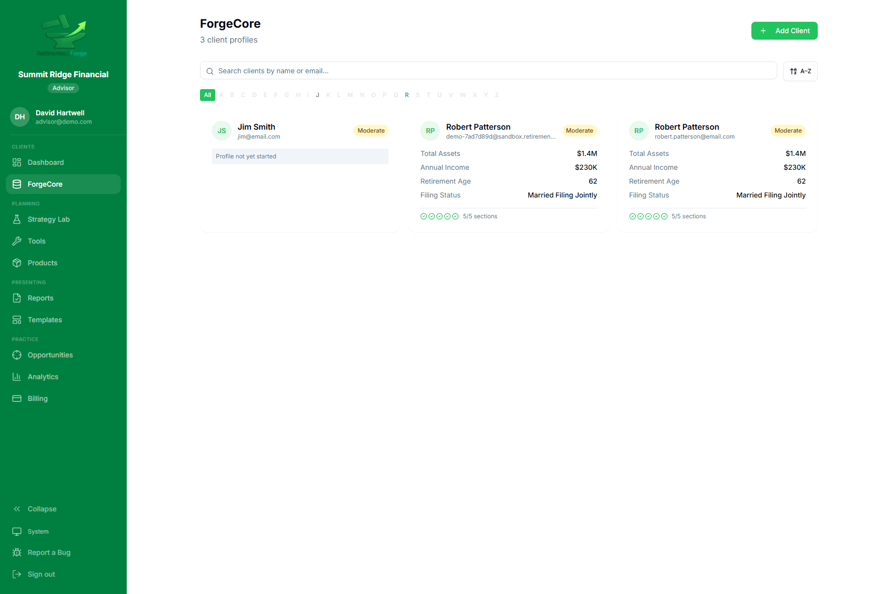 A ForgeCore client profile with values flowing into multiple connected calculators