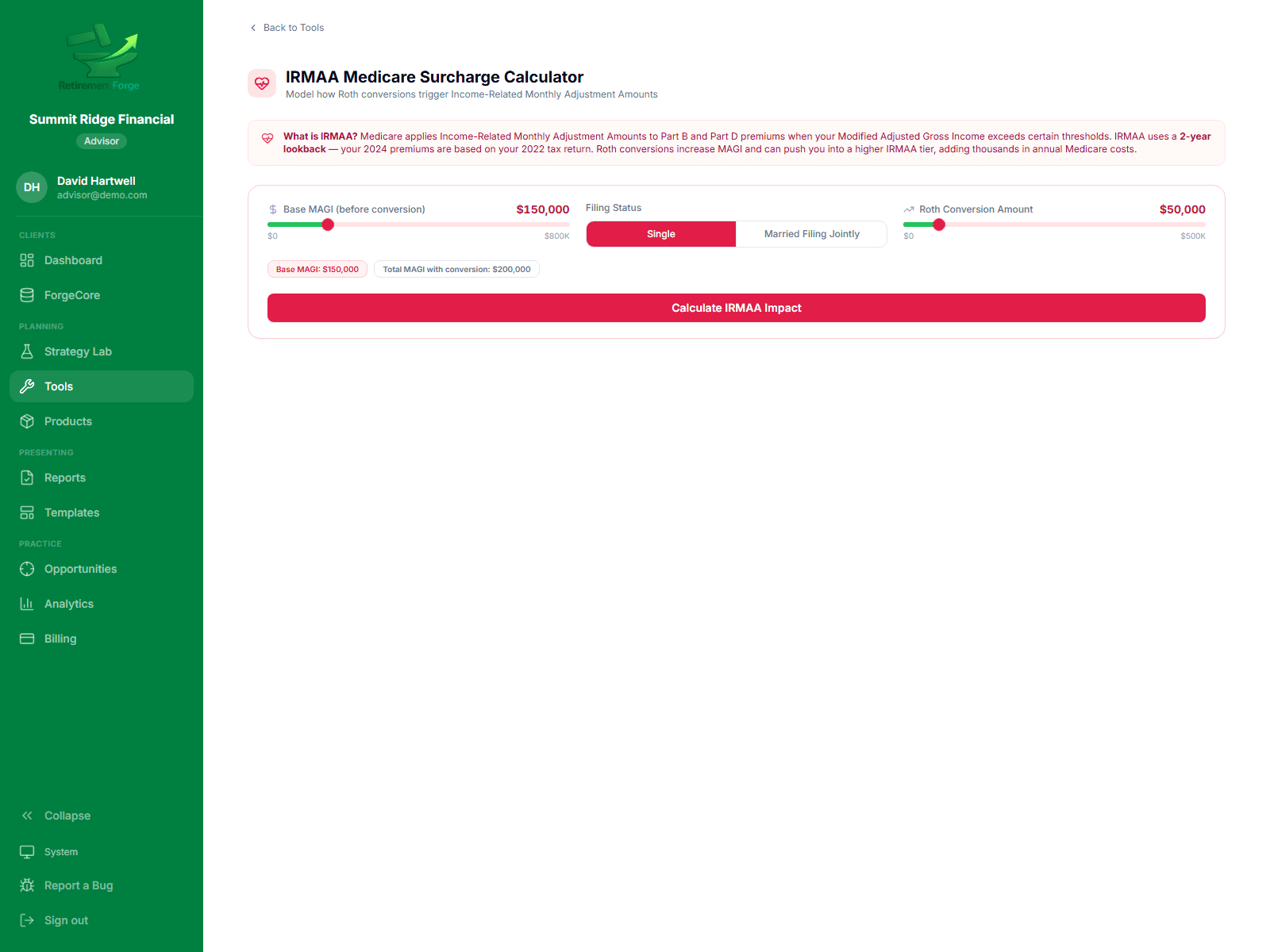 Story Mode displaying a sequenced narrative view of a retirement plan